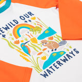 A close up of the graphic on the front of the Frugi tamar raglan top in soft white/waterways available at Babipur. A orange and white GOTS organic cotton long sleeve top with a playful waterways print on the front.