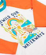 A close up of the graphic on the front of the Frugi tamar raglan top in soft white/waterways available at Babipur. A orange and white GOTS organic cotton long sleeve top with a playful waterways print on the front.