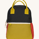 The organic cotton Fluf B-Pack Jr in carbon cactus available at Babipur, a kids school backpack in a green, red and mustard colourblock design.