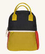The organic cotton Fluf B-Pack Jr in carbon cactus available at Babipur, a kids school backpack in a green, red and mustard colourblock design.