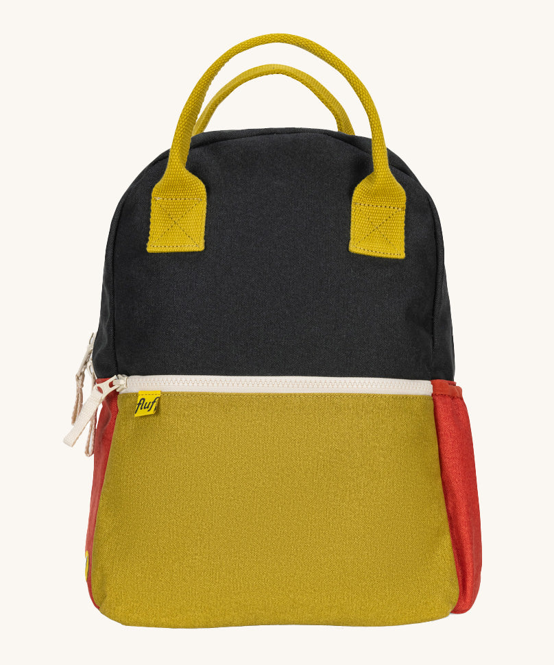 The organic cotton Fluf B-Pack Jr in carbon cactus available at Babipur, a kids school backpack in a green, red and mustard colourblock design.