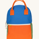 The organic cotton Fluf B-Pack Jr in cobalt orange available at Babipur, a kids school backpack in a blue, orange and green colourblock design.