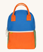 The organic cotton Fluf B-Pack Jr in cobalt orange available at Babipur, a kids school backpack in a blue, orange and green colourblock design.