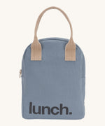 Fluf zip lunch bag in a light blue colour with a light brown handle and lunch logo on the bottom on a cream background.