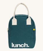 Fluf zip lunch bag in a teal blue colour with lunch printed on the front in white with a white handle and zip detail on a cream background.