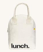 Fluf zip lunch bag in  white with lunch printed on the front in black with a white handle and zip detail on a cream background.