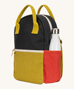 A side view of The organic cotton Fluf B-Pack Jr in carbon cactus, a kids school backpack with a red drink holder side pocket