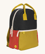 A side view of The organic cotton Fluf B-Pack Jr, a kids school backpack in a black, mustard and red