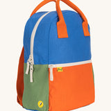 A side view of The organic cotton Fluf B-Pack Jr in cobalt blue, a kids school backpack in blue, orange and green