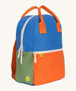 A side view of The organic cotton Fluf B-Pack Jr in cobalt blue, a kids school backpack in blue, orange and green
