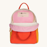 The organic cotton Fluf B-Pack Jr, a kids school backpack, unzipped to show the inside.