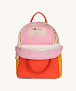 The organic cotton Fluf B-Pack Jr, a kids school backpack, unzipped to show the inside.
