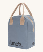 Fluf zip lunch bag in a light blue colour with a light brown handle and lunch logo on the bottom with a white zip side details on a cream background