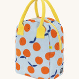 Side view of the Fluf zip lunch bag in light blue with a design of oranges with a yellow handle and zip detail