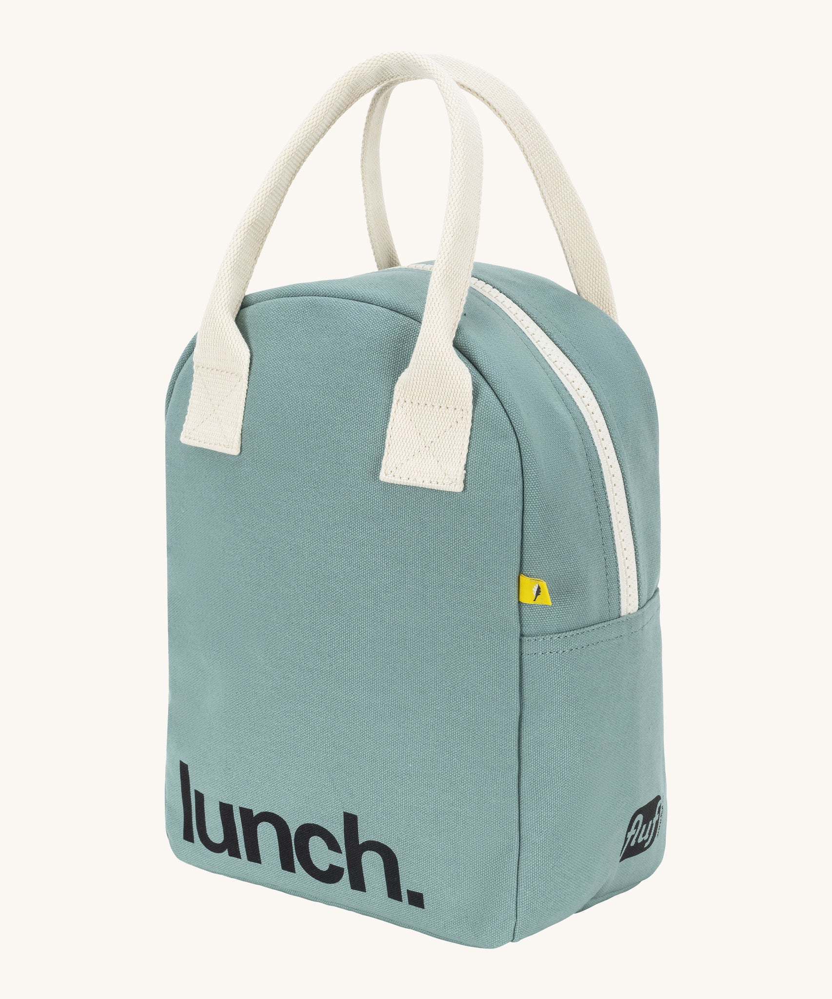 Fluf zip lunch bag in a light pastel blue colour with a white handle and lunch logo on the bottom with a white zip side detail on a cream background