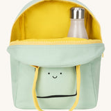 Fluf zip lunch bag in light green showing the yellow inner. Lunch bag has a playful black outline design of a slice of bread with a light yellow handle and zip detail