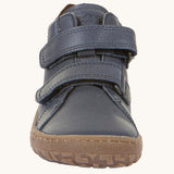 The front of the Froddo barefoot Autumn children's shoe in navy available at Babipur showing the 2 velcro fastener detail
