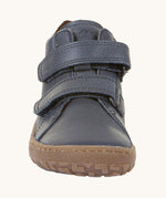 The front of the Froddo barefoot Autumn children's shoe in navy available at Babipur showing the 2 velcro fastener detail