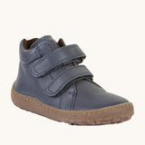 Froddo barefoot Autumn children's shoe in navy available at Babipur. A natural leather shoe with a 2 velcro fastener for a secure fit, padded ankle and a dark brown grippy sole
