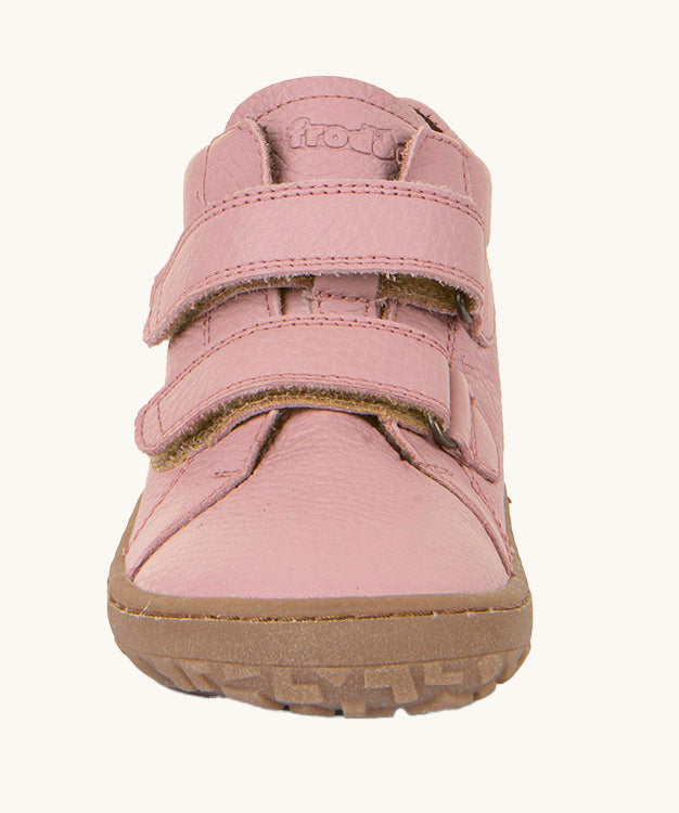 The front of the Froddo barefoot Autumn children's shoe in pink available at Babipur showing the 2 velcro fastener detail