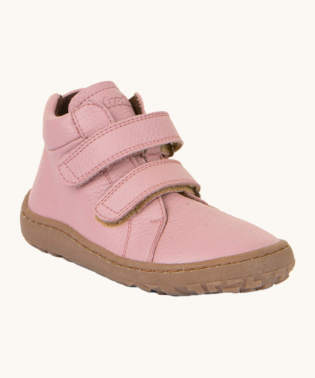 Froddo barefoot Autumn children's shoe in pink available at Babipur. A natural leather shoe with a 2 velcro fastener for a secure fit, padded ankle and a dark brown grippy sole