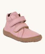 Froddo barefoot Autumn children's shoe in pink available at Babipur. A natural leather shoe with a 2 velcro fastener for a secure fit, padded ankle and a dark brown grippy sole