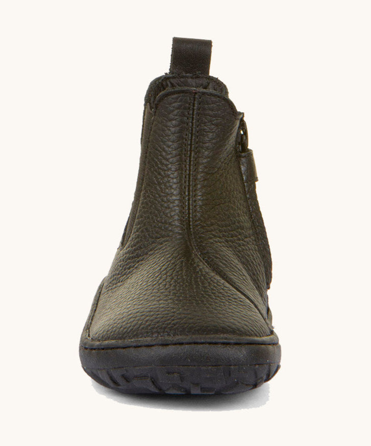 The front of the Froddo barefoot kids leather school chelsea boots available at Babipur showing the stitching and black sole detail