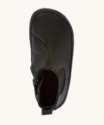 A top down image of the Froddo barefoot kids leather school chelsea boots available at Babipur showing the pull tab and insole detail