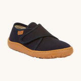 Froddo barefoot kids slipper in dark blue available at Babipur. A canvas style slipper shoes with a velcro fastener for a secure fit and a dark brown grippy sole