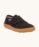 Froddo barefoot kids slipper in dark blue available at Babipur. A canvas style slipper shoes with a velcro fastener for a secure fit and a dark brown grippy sole