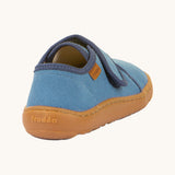 The back of the Froddo barefoot kids slipper in denim blue available at Babipur showing the branding detail on the sole