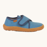 A side image of the Froddo barefoot kids slipper in denim blue available at Babipur showing the velcro fastener detail