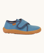 A side image of the Froddo barefoot kids slipper in denim blue available at Babipur showing the velcro fastener detail