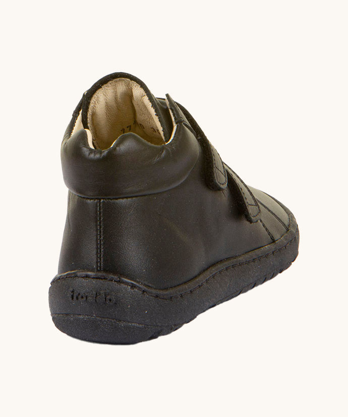 The back of the Froddo barefoot leather school boots in black available at Babipur showing the padded ankle detail