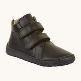 Froddo barefoot leather school boots in black available at Babipur. A ankle high soft leather boot with a matching black rubber sole. Features 2 velcro strap for.a secure fit and a padded ankle