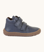 A side image of a Froddo barefoot Autumn children's shoe in navy available at Babipur showing the 2 velcro fastener padded ankle support and the dark brown grippy sole detail