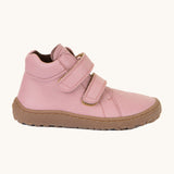 A side image of a Froddo barefoot Autumn children's shoe in pink available at Babipur. Features a brown grippy sole and 2 velcro fasteners.