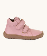 A side image of a Froddo barefoot Autumn children's shoe in pink available at Babipur. Features a brown grippy sole and 2 velcro fasteners.