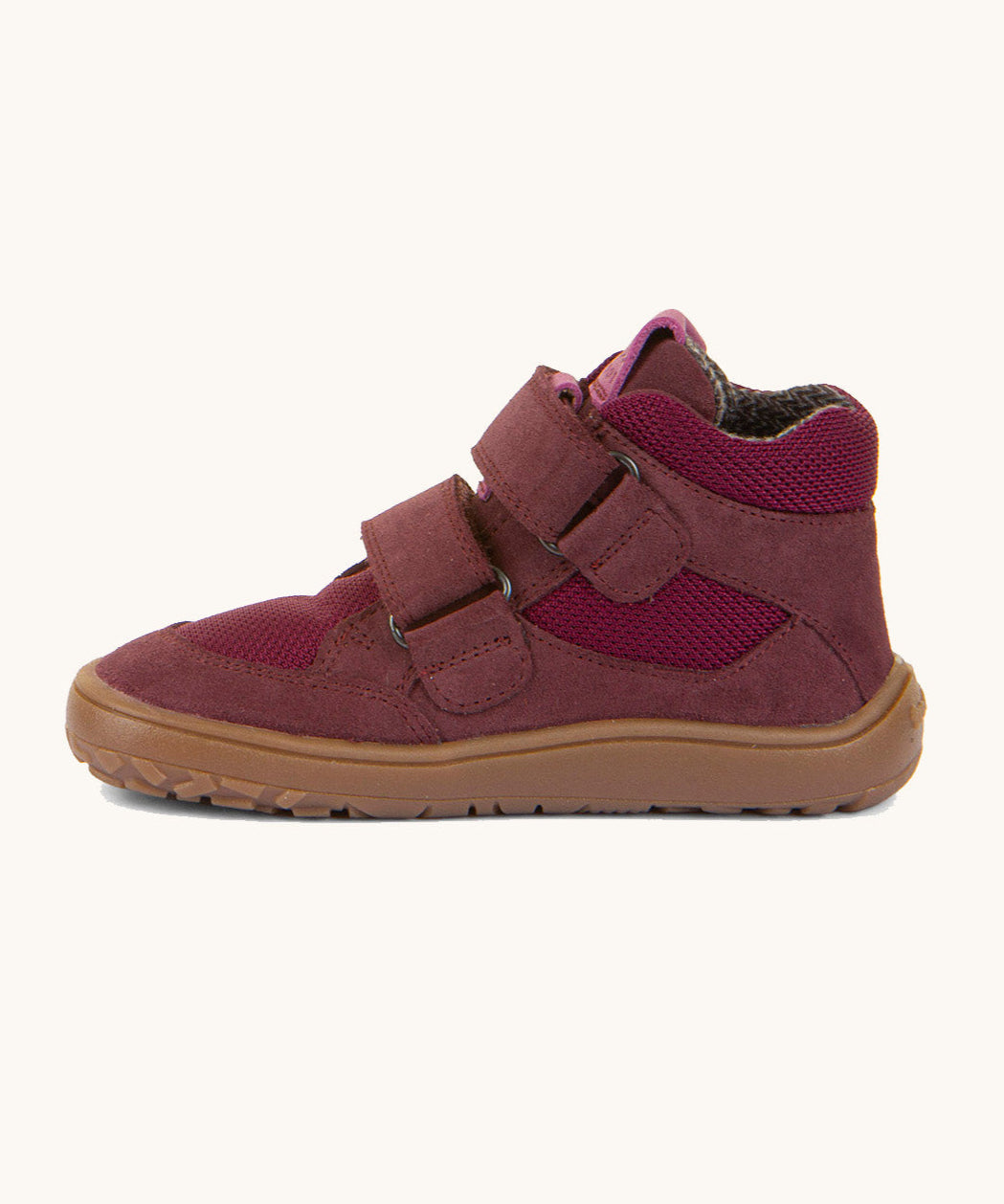 Froddo barefoot tex kids spring shoes in Bordeaux available at Babipur showing the side detail of the shoe with the velcro strap going through the loop