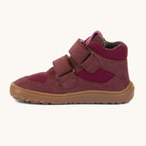 Froddo barefoot tex kids spring shoes in Bordeaux available at Babipur showing the side detail of the shoe with the velcro strap going through the loop