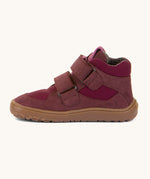 Froddo barefoot tex kids spring shoes in Bordeaux available at Babipur showing the side detail of the shoe with the velcro strap going through the loop