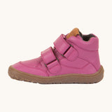 A side image of a Froddo barefoot Autumn children's shoe in fuchsia pink available at Babipur showing the 2 velcro fastener for a secure fit, padded ankle and the dark brown grippy sole