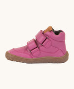 A side image of a Froddo barefoot Autumn children's shoe in fuchsia pink available at Babipur showing the 2 velcro fastener for a secure fit, padded ankle and the dark brown grippy sole
