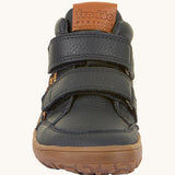 The front of the Froddo barefoot Autumn children's shoe in navy available at Babipur showing the 2 velcro fastener detail