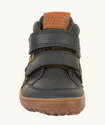 The front of the Froddo barefoot Autumn children's shoe in navy available at Babipur showing the 2 velcro fastener detail