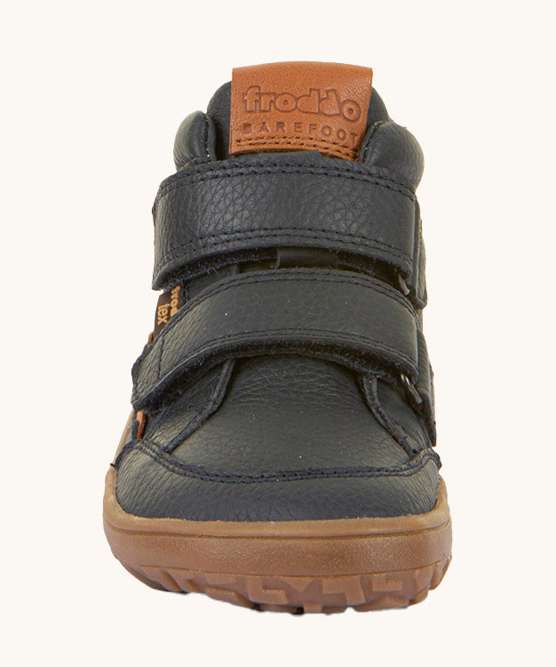 The front of the Froddo barefoot Autumn children's shoe in navy available at Babipur showing the 2 velcro fastener detail
