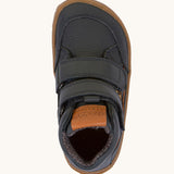 A top down image of a Froddo barefoot Autumn children's shoe in navy available at Babipur showing the 2 velcro fastener for a secure fit and insole detail.