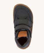 A top down image of a Froddo barefoot Autumn children's shoe in navy available at Babipur showing the 2 velcro fastener for a secure fit and insole detail.