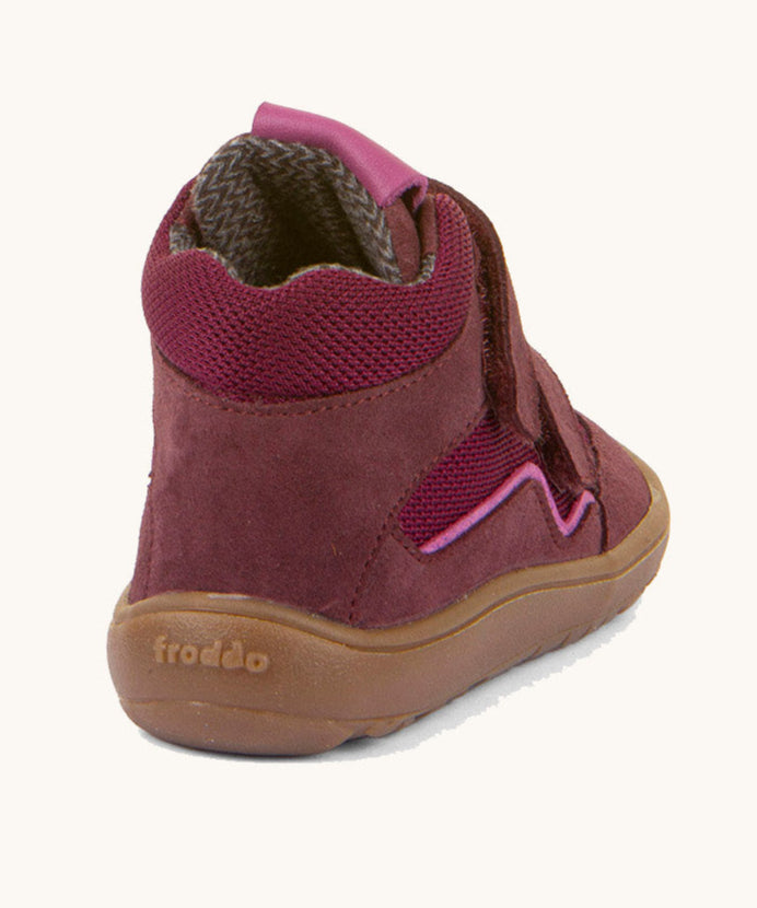 The back of the Froddo barefoot tex kids autumn shoes in bordeaux pink available at Babipur showing the padded ankle support detail