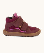 A side image of the Froddo barefoot tex kids autumn shoes in bordeaux pink available at Babipur showing the 2 velcro straps and brown grippy sole detail